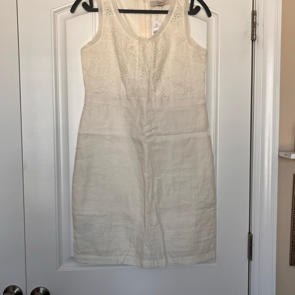LOFT Soft White Ivory Linen Cotton Lace Detail Sheath Dress Size 6